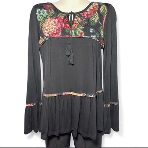 Hannah Black Floral Boho Tunic Top Tie Neck Long Sleeve Women’s Medium